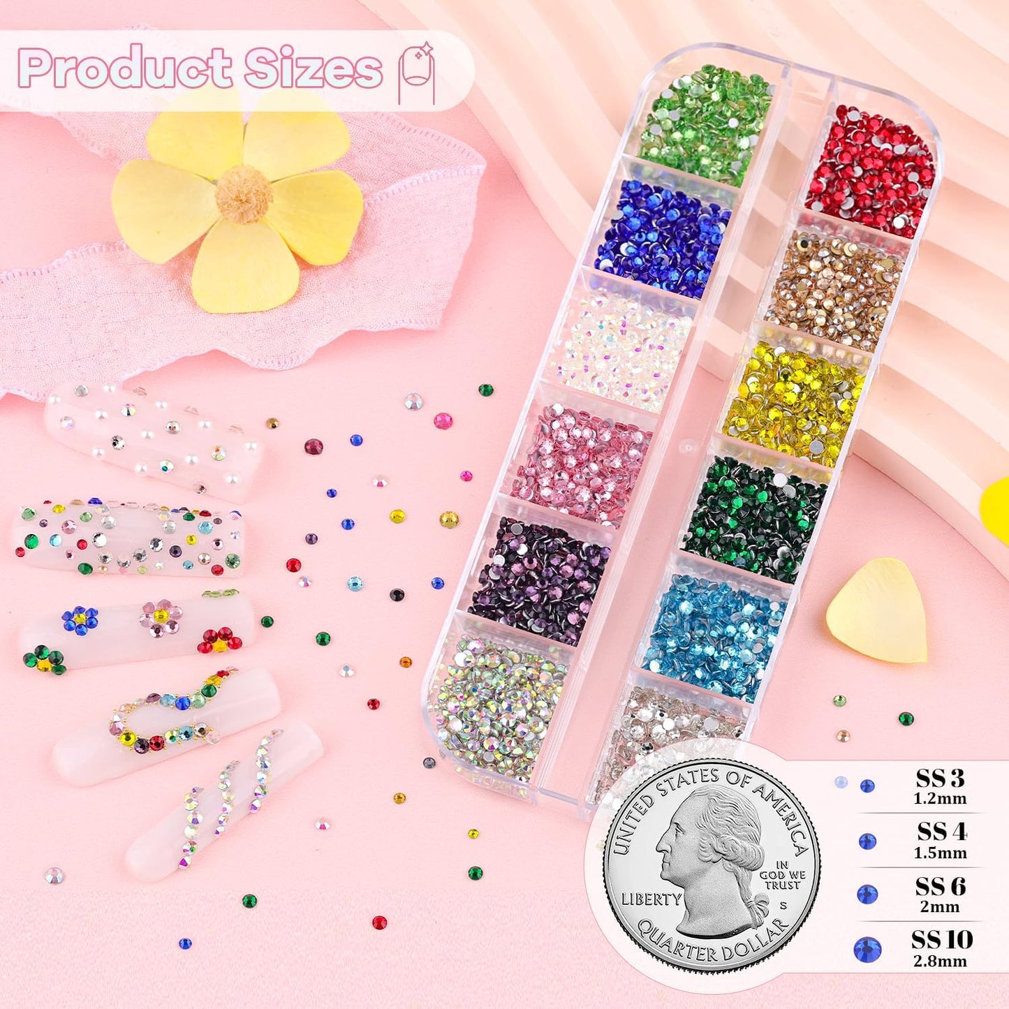 4200Pcs Small Glass Crystal Rhinestones for Nail Art, Colorful SS3-SS10 Flatback Bedazzling Gems, Nail Rhinestones and Gems Crystals Charms for Acrylic Tips Manicure Decor