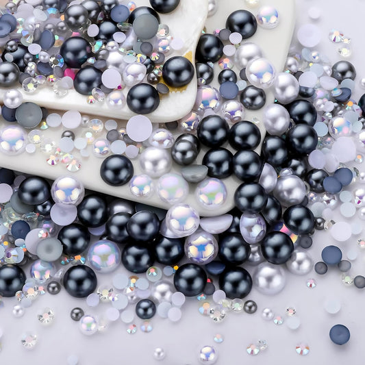 60g Grey White Pearls Rhinestones for Crafts Mixed Size 3mm-10mm AB Color Round Half Pearls Flatback Pearl Beads and Resin Rhinestones Set for Face Art with Glue