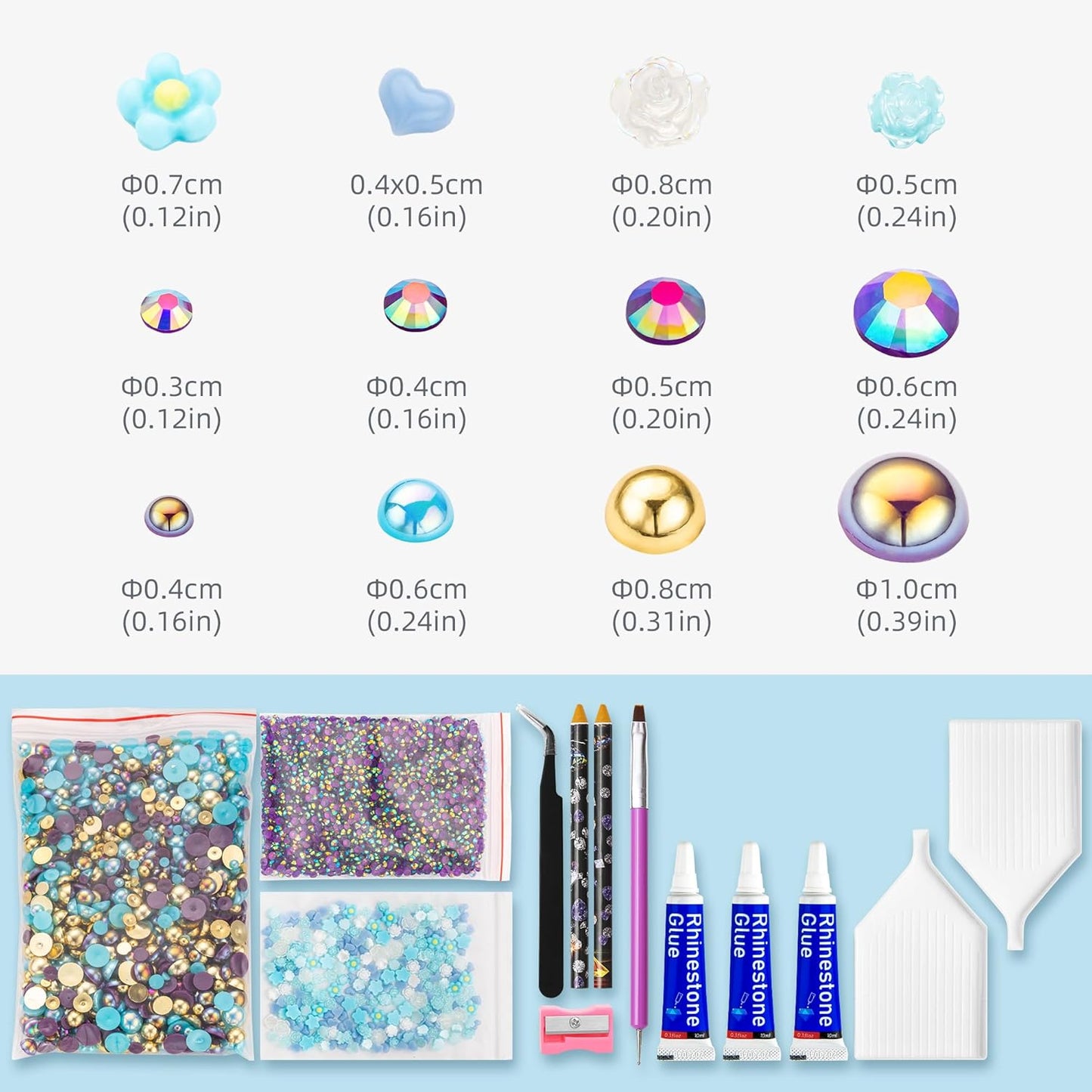 160g Gold Aquamarine Flat Back Pearls Rhinestones with Gel for Crafts Mixed Size 3mm-10mm AB Color Round Half Pearls Flatback Pearl Beads and Resin Rhinestones Set for Face Art