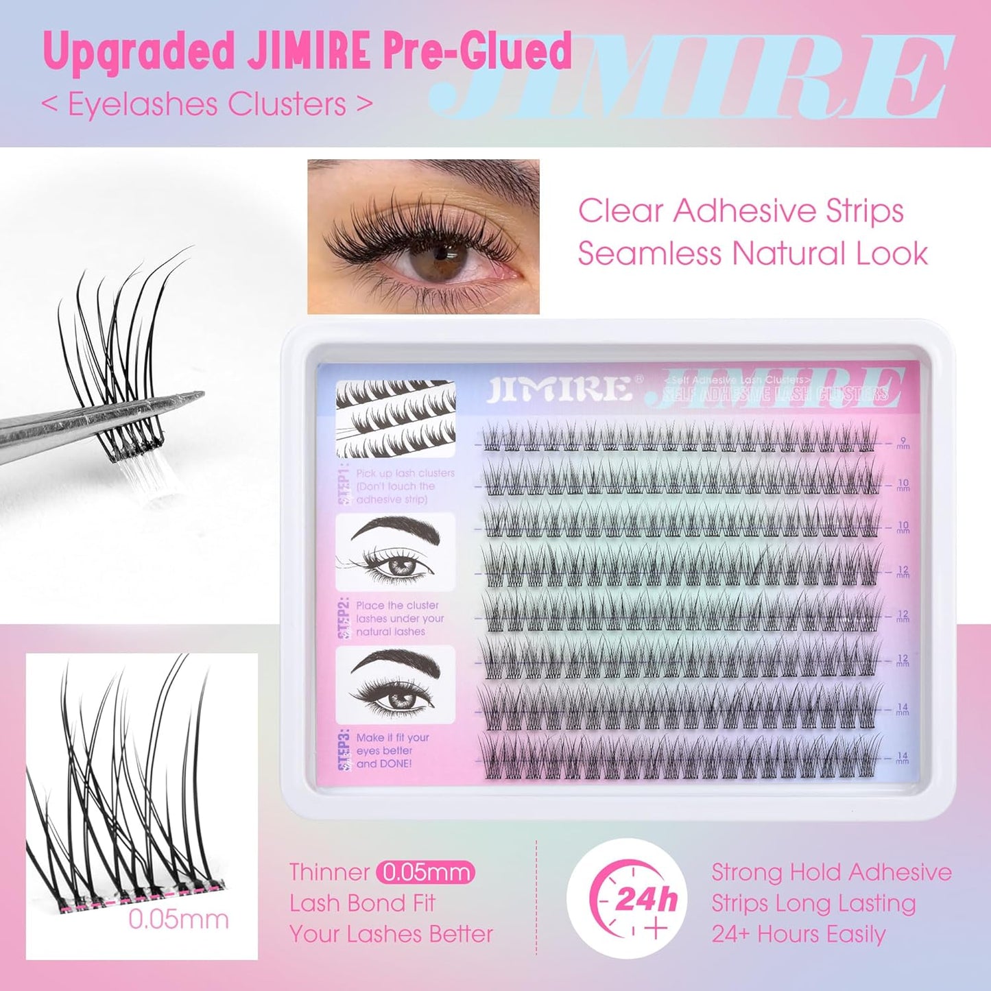 JIMIRE 160Pcs Self Adhesive Eyelashes Natural Look 9-14MM Wispy Pre Glued Lash Clusters No Glue Needed Press on Lashes Clusters Reusable Self Adhesive Eyelash Clusters Beginners Friendly