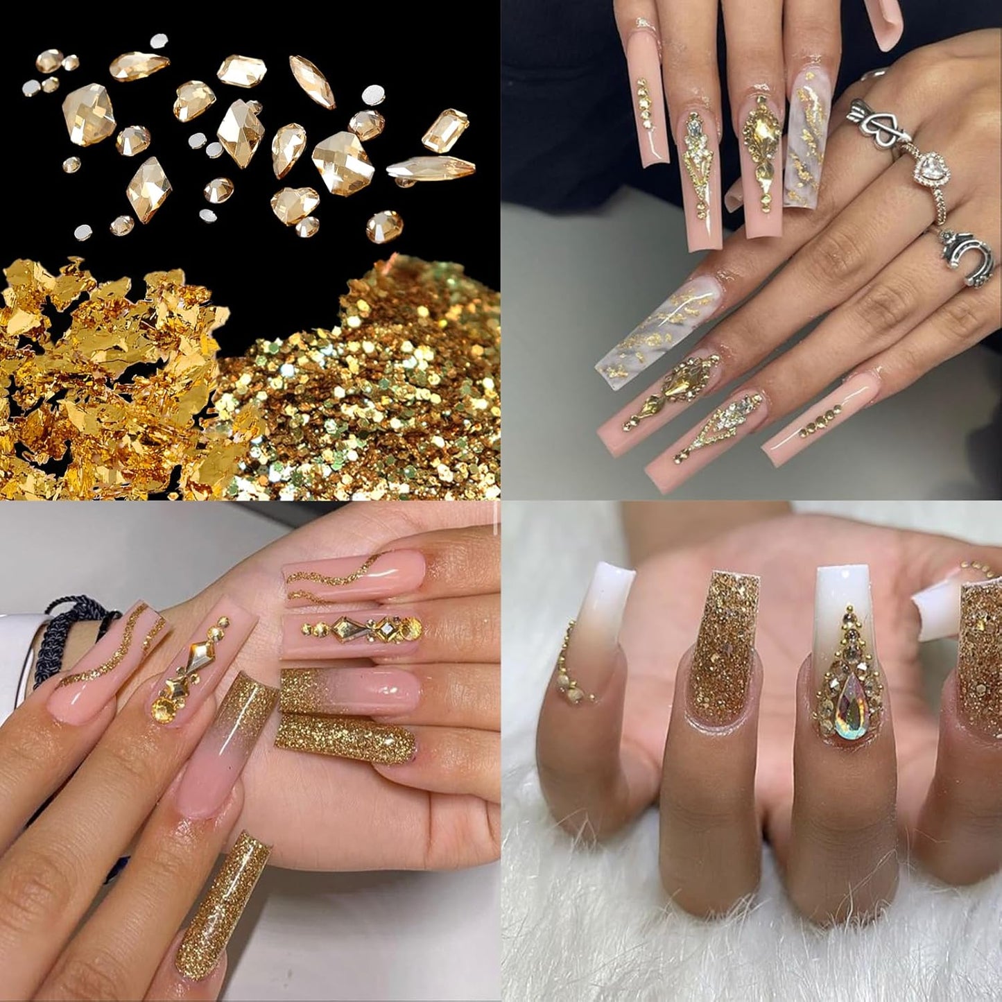 Nail Art Rhinestones Flatback Gold Nail Charms Multi Shapes Crystal Nail Supplies Mixed Nail Glitter Foil Design Nail Gems Nail Accessories for Women Nail Decorations., 3.0 Count