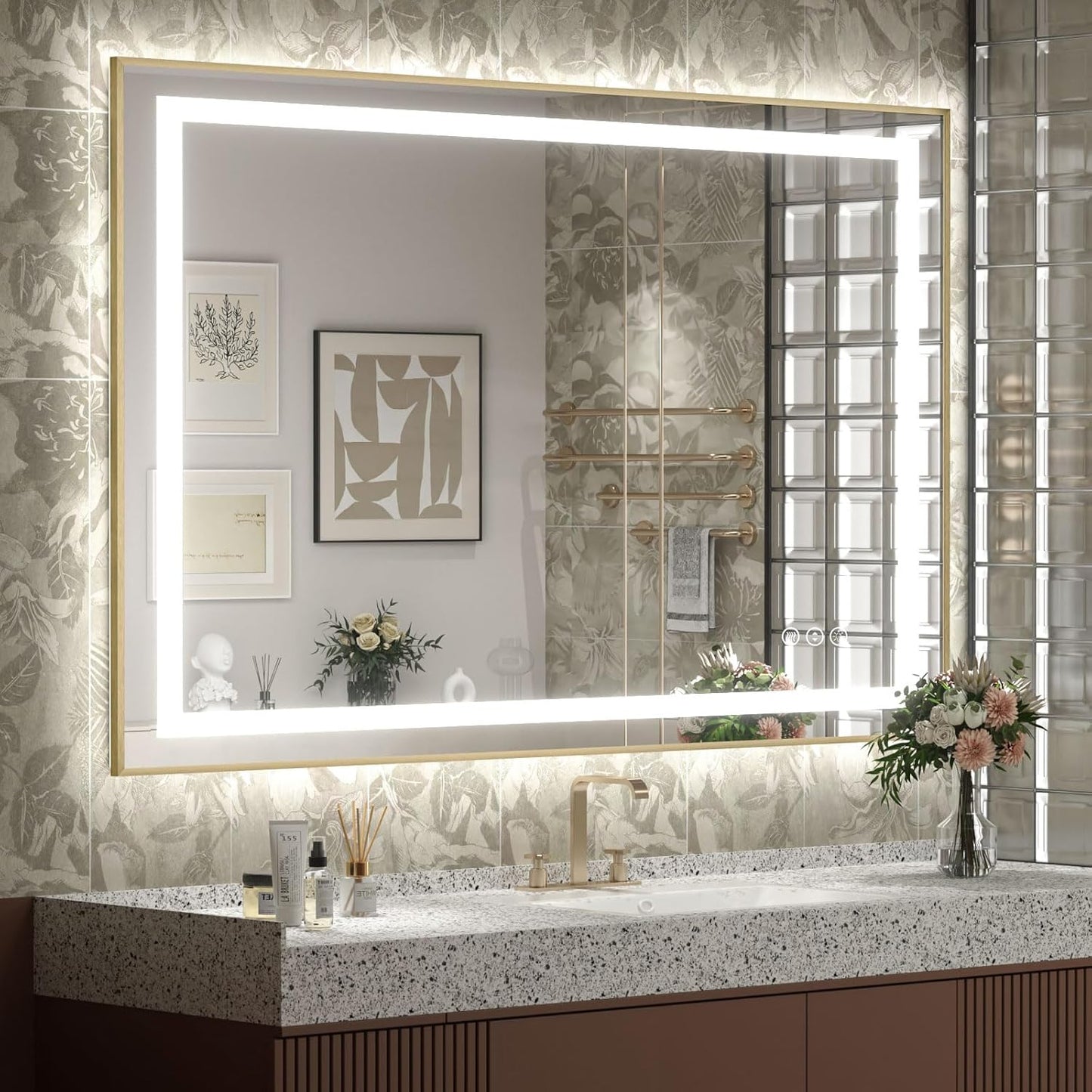 OKPAL 48x36 Gold LED Mirror for Bathroom with Frontlit & Backlit, Metal Framed Lighted Bathroom Mirror with Lights, Anti-Fog, Dimmable 3 Colors, Shatterproof, Horizontal/Vertical