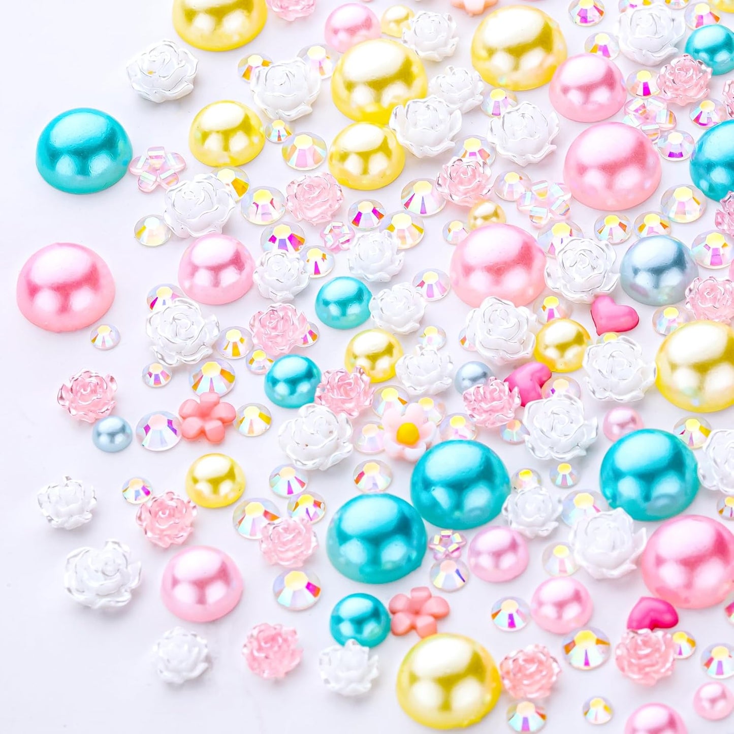 160g Cyan Citrine Flat Back Pearls Rhinestones with Gel for Crafts Mixed Size 3mm-10mm AB Color Round Half Pearls Flatback Pearl Beads and Resin Rhinestones Set for Face Art