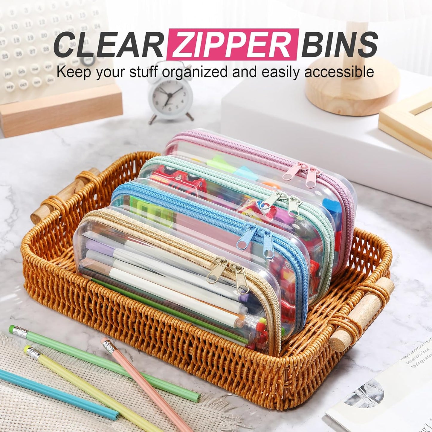 Hoolerry 4 Pcs Hard Clear Zipper Case Makeup Bags Plastic Pencil Pouch Transparent Storage Box Containers for Cosmetics, Snacks, Building Blocks, Puzzles(Soft Colors,7.5 x 3.9 x 2 in)