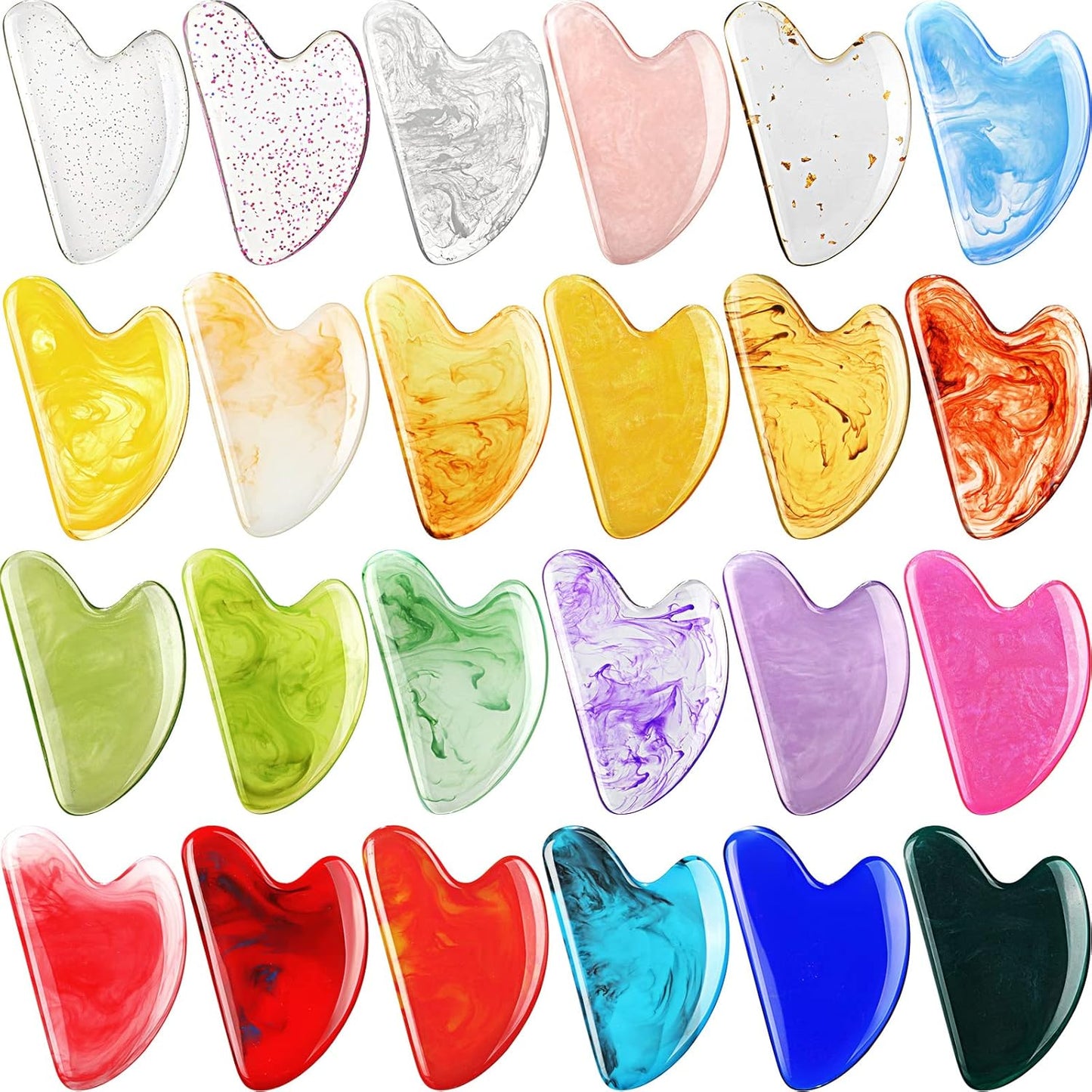 Sherr 24 Pcs Gua Sha Facial Tool Resin Gua Sha Massage Tool Heart Shaped Gua Sha Stone Guasha Board for Face Body Skin Massage Spa Acupuncture Prevent Wrinkles (Multi Colors)