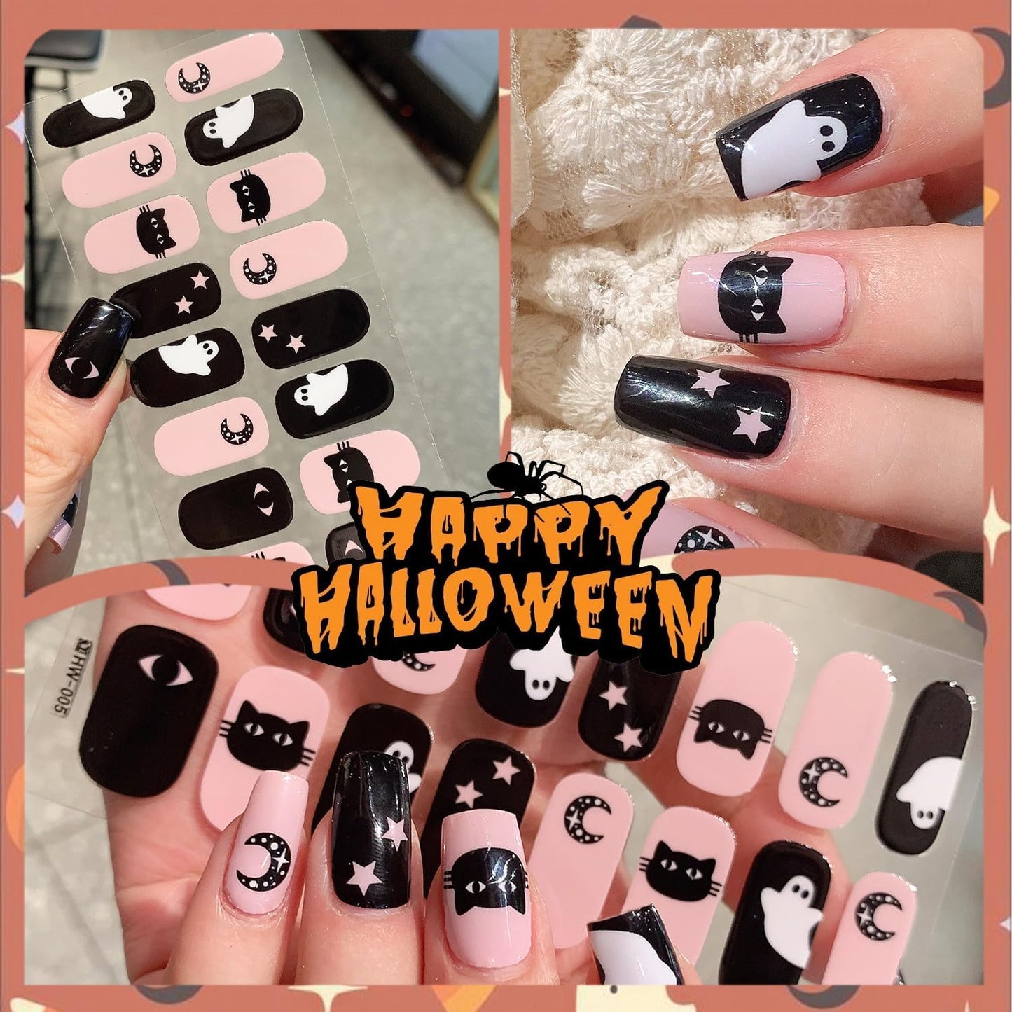 6 Sheets Spider Web Nail Polish Strips Full Wraps Halloween Gel Nail Stickers for Nail Art Self-Adhesive Ghost Spider Black Cat Nail Polish Stickers Pumpkin Bat Gel Nail Strips for Women