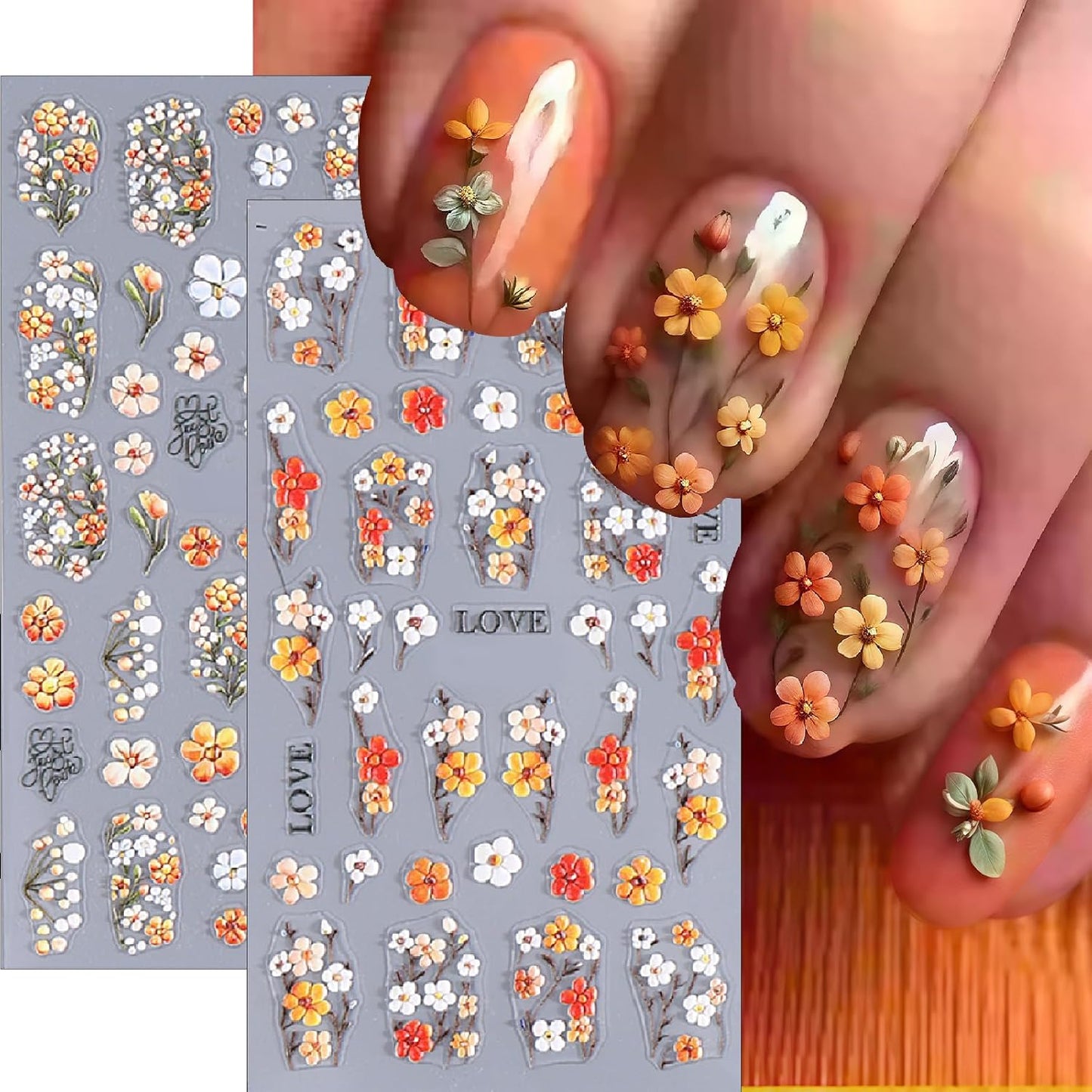 5D Embossed Nail Stickers 3Pcs Summer Colorful Flowers Leaves Nail Stickers for Nail Art Spring Floral Leaf Plant Self-Adhesive Sliders Nails Decals for Women and Girls Manicure Decoration Supplies