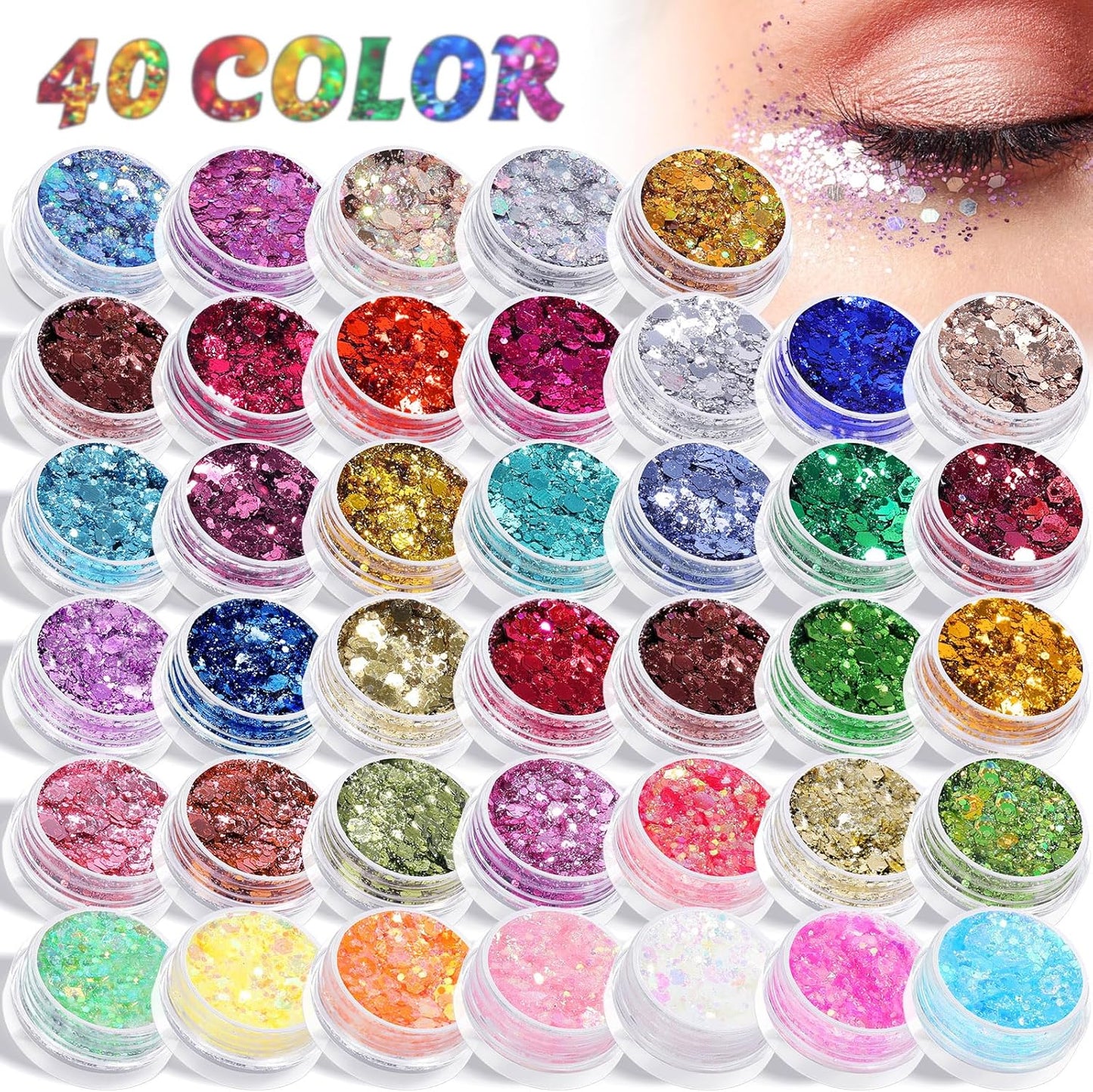 AROIC 40 Colors Body Glitter, Hair Glitter for Kids Women Makeup, Glow in The Dark, Eyeshadow Hair Gel Face Sparkles, Body Makeup for Festivals, Raves, Anime Cosplay, Concerts Festival Face Paint