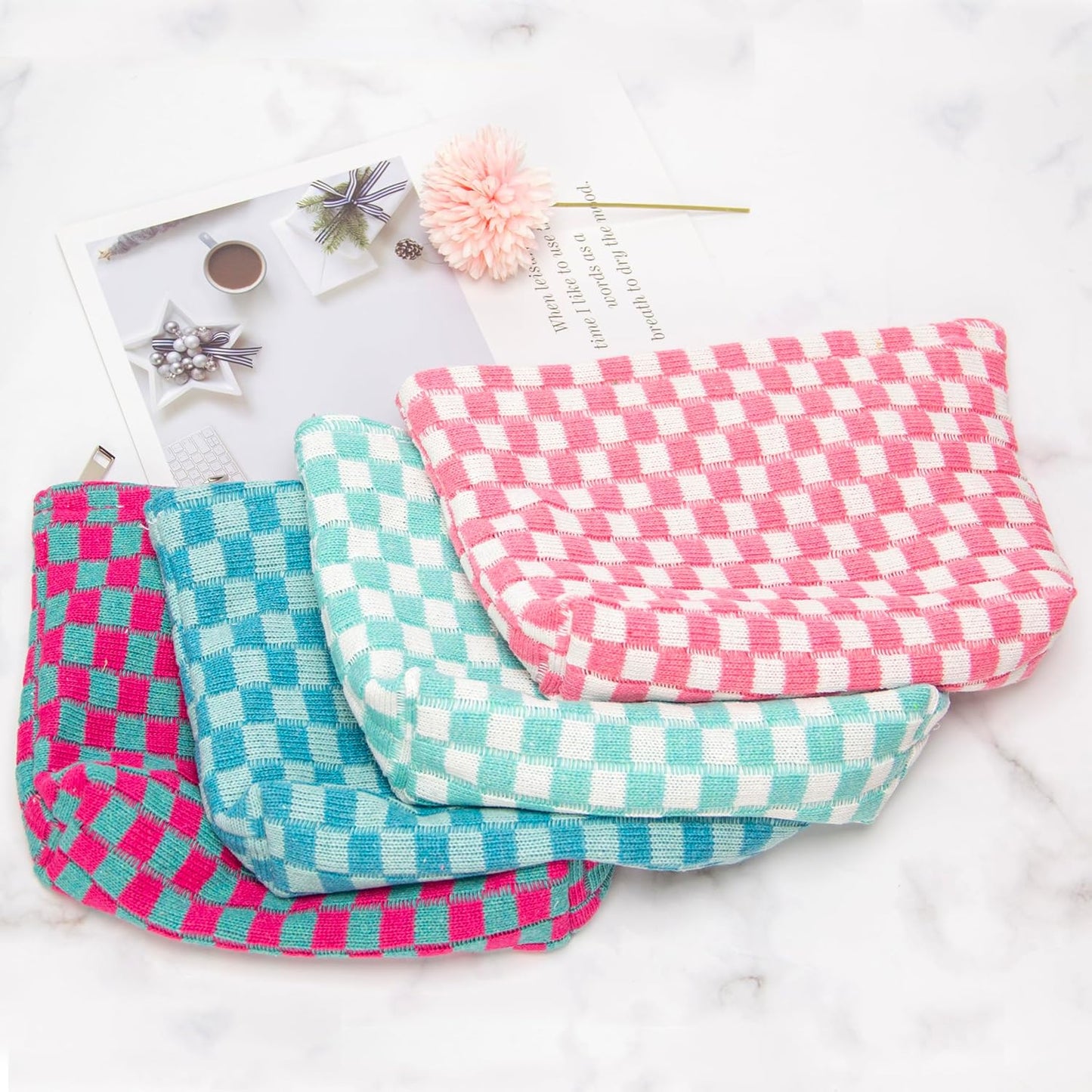 PAZIMIIK Knitted Checkered Makeup Bag Large Zipper Make Up Accessory Pouch for Purse Cosmetic Brush Bag for Travel Essential Magenta Green