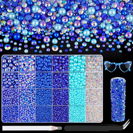 9000Pcs Flatback Pearls and Rhinestones for Crafting, Blue Series Mixed Size 3-8mm Resin Rhinestones and Half Pearls for Bedazzling, Nail Art with Tweezers and Pickup Pencil