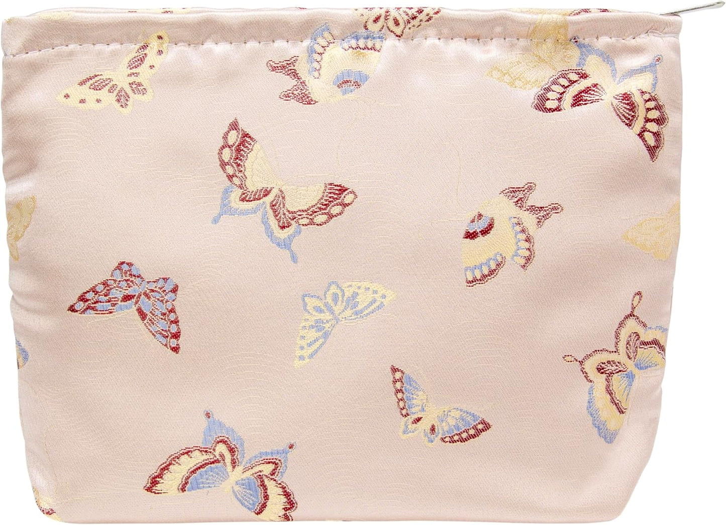 Makeup Bag Large Cotton Zipper Pouch for Purse Travel Canvas Make Up Organizer for Women Cosmetic,Butterfly Pink