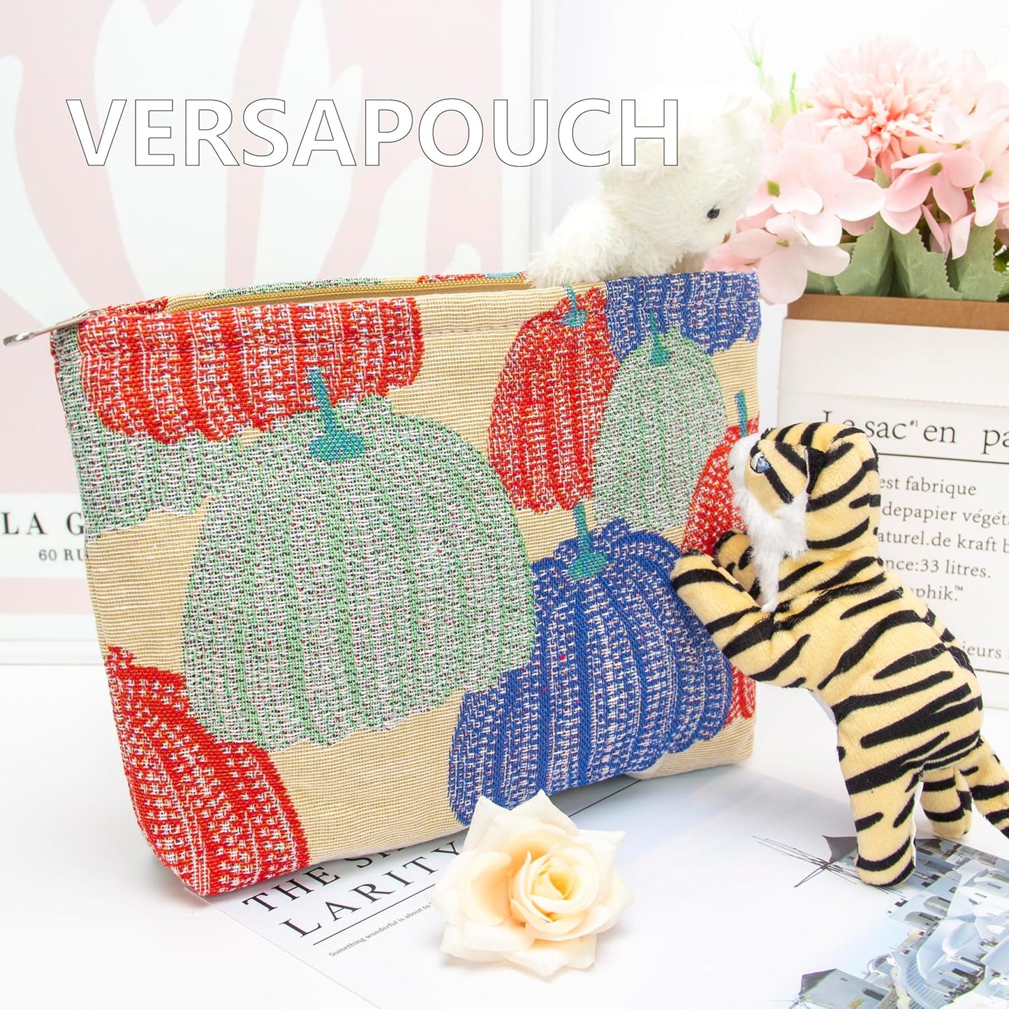 PAZIMIIK Makeup Bag Large Cotton Zipper Pouch for Purse Travel Canvas Make Up Organizer for Women Cosmetic,Linen Colorful