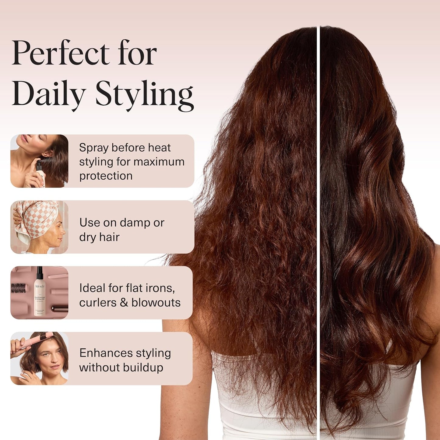 Kitsch Heat Protection Spray for Hair – Heat Protectant for Hair with Argan Oil – Styling Hair Spray for Frizz Control, Shine & Damage Protection – Protects Strands Up to 450°F – 6.8oz