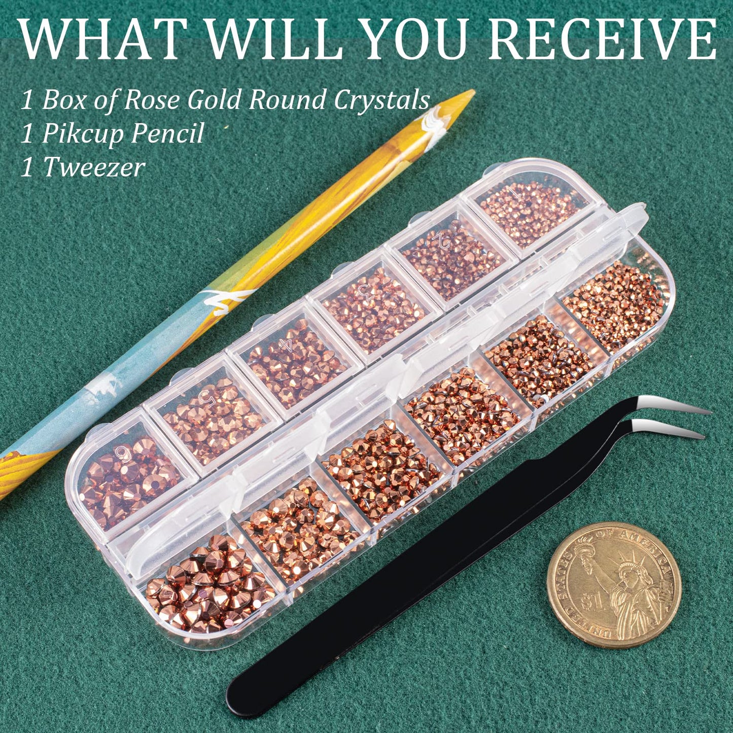 6 Sizes Rose Gold Glass Crystal Kit with Pickup Pen + Tweezer Tools for Shine Nail Art Manicure Makeup DIY Decoration Flatback Round Rhinestone Gem Jewelry Diamond