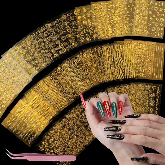 Teenitor 50 Sheets Nail Stickers for Nail Art, Nail Decals Gold Nail Stickers for Kids Women in Fall Winter Halloween Christmas, Nail Decorations