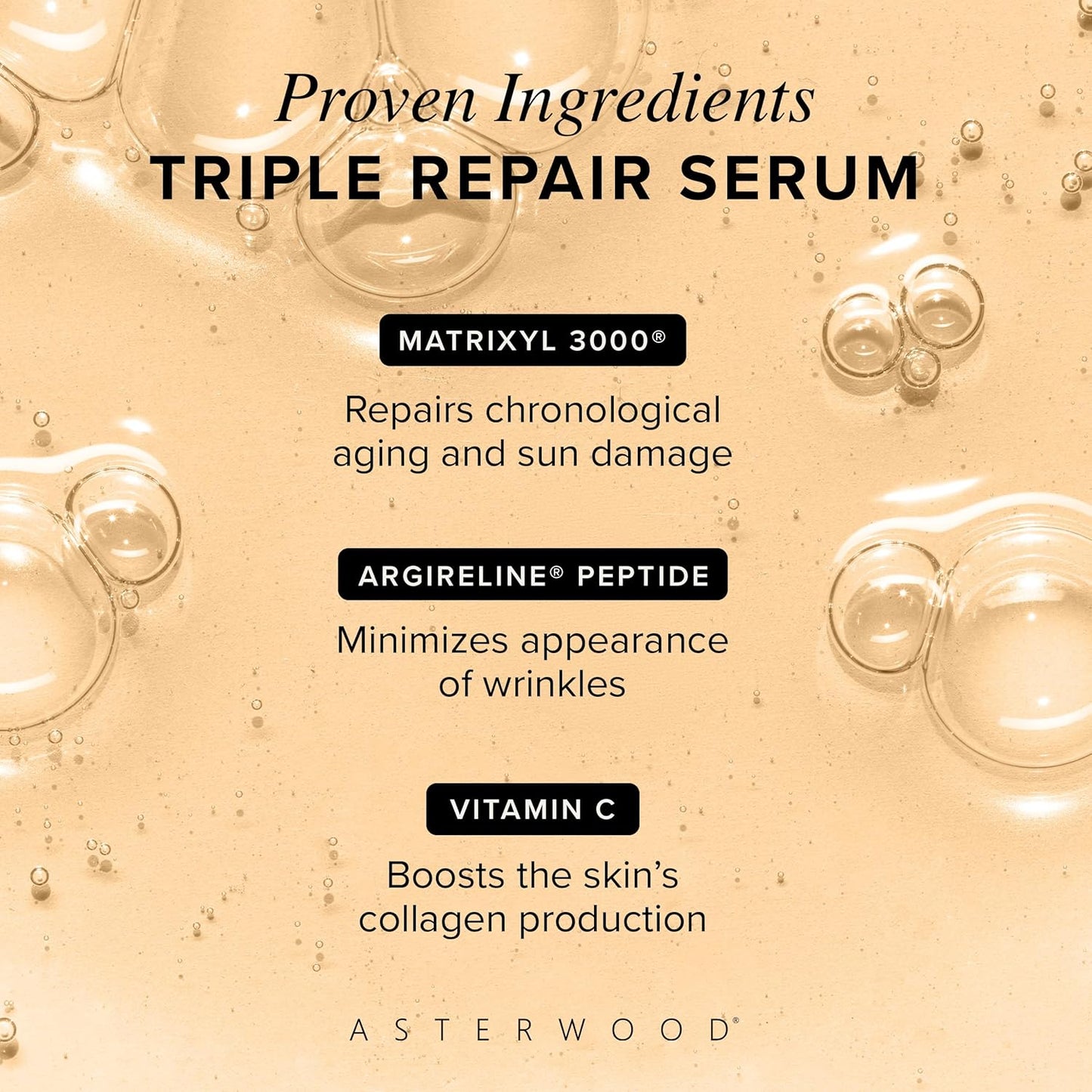 Asterwood Triple Repair Matrixyl 3000 + Argireline + Hyaluronic Acid + Vitamin C Serum for Face - Anti-Aging, Collagen Boosting, Hydrating - Fragrance-Free - 2 Fl Oz