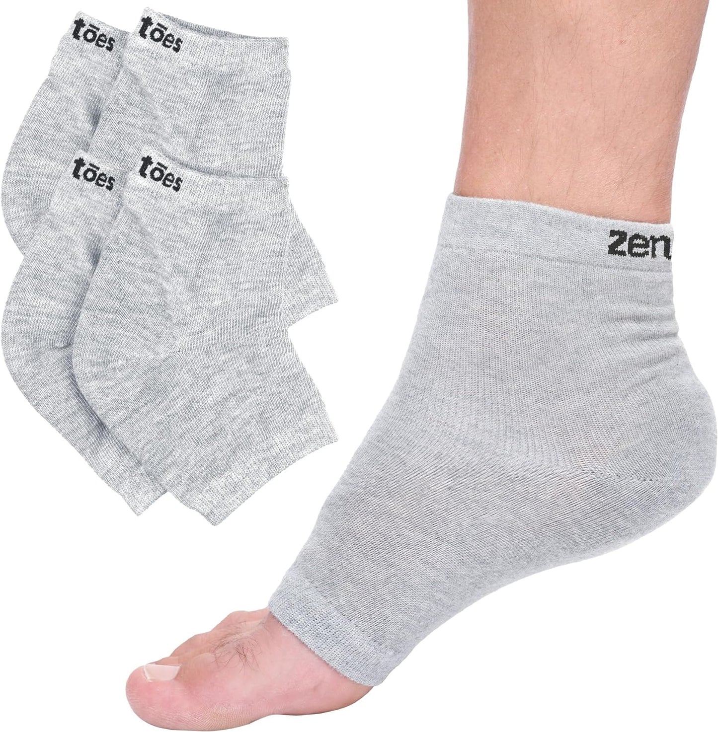 ZenToes Moisturizing Heel Socks 2 Pairs Gel Lined Toeless Spa Socks to Heal and Treat Dry, Cracked Heels While You Sleep (Regular, Gray)