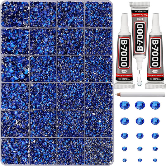 30000Pcs Resin Rhinestones for Crafting Bedazzling, Blue Flatback Gems Crystal for Crafts Clothing Clothes Shoes Fabric Tumblers Cups, Bling Dark Royal Navy Blue Flat Back Jewels with b7000 Glue