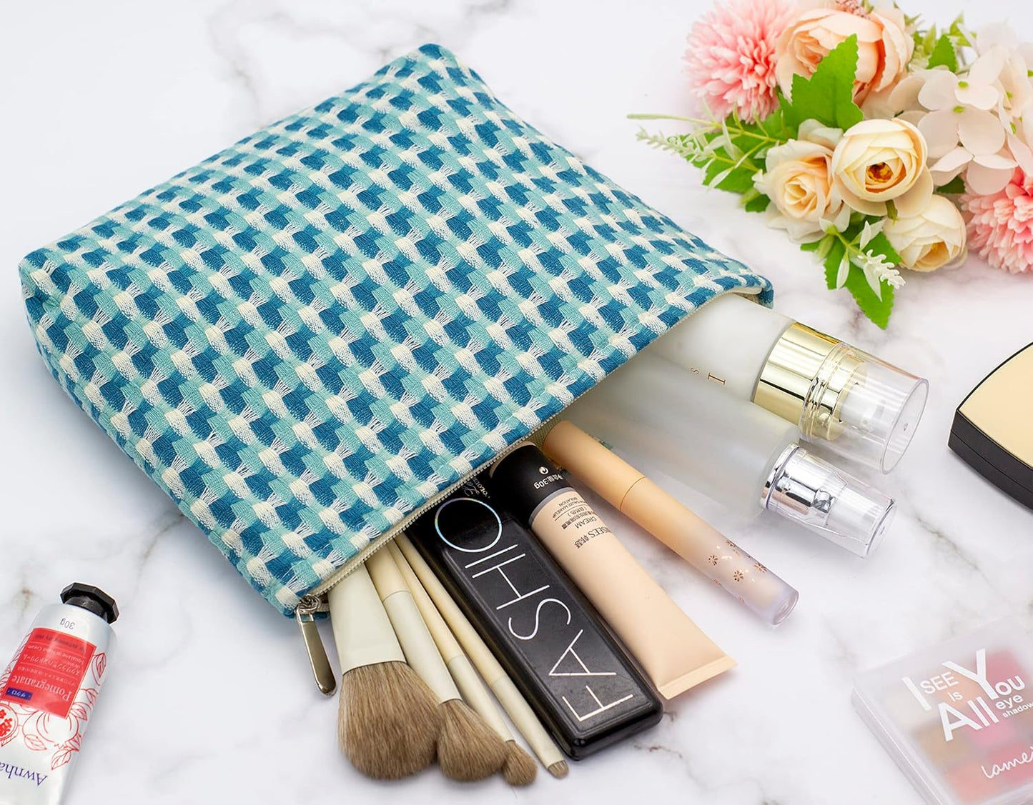 Makeup Bags for Purse Zipper Cosmetic Pouch Large Travel Canvas Make Up Organizer Tool Pouch for Women and Girls,Grid Green