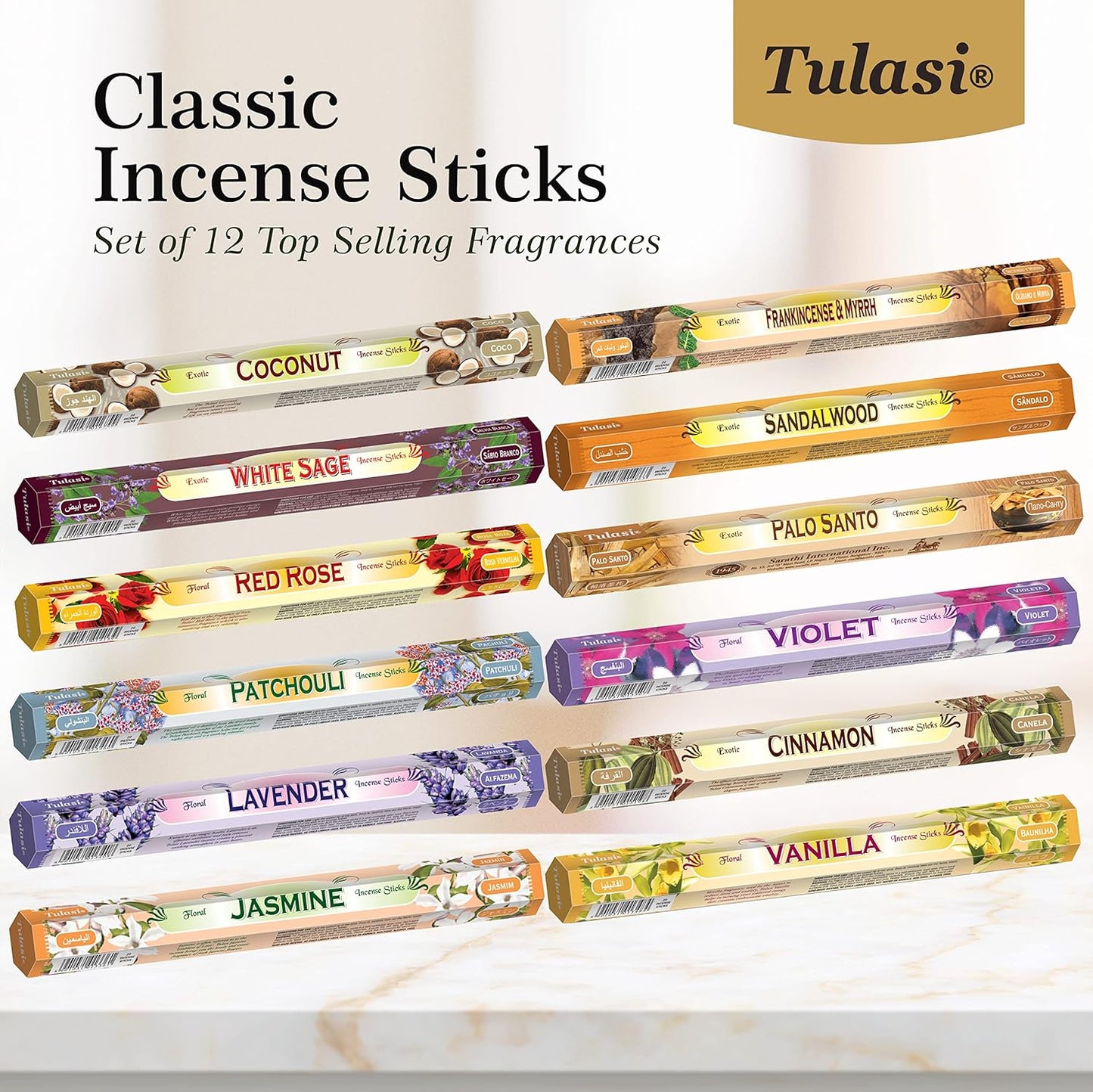 Tulasi Incense Sticks Pack of 12 Natural Scent (240 sticks) Variety Fragrance of Coconut, White Sage, Red Rose, Palo Santo, Lavender & Cinnamon etc, Ideal for Aromatherapy, Meditation & Positive Vibes