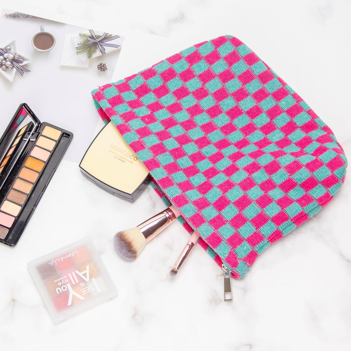 PAZIMIIK Knitted Checkered Makeup Bag Large Zipper Make Up Accessory Pouch for Purse Cosmetic Brush Bag for Travel Essential Magenta Green