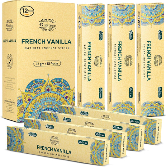 Raajsee French Vanilla Incense Sticks (180 gm), 100% Pure Organic Natural Hand Rolled Free from Chemicals - Perfect for Aromatherapy, Cleansing, Meditation, and Church (Pack of 12)