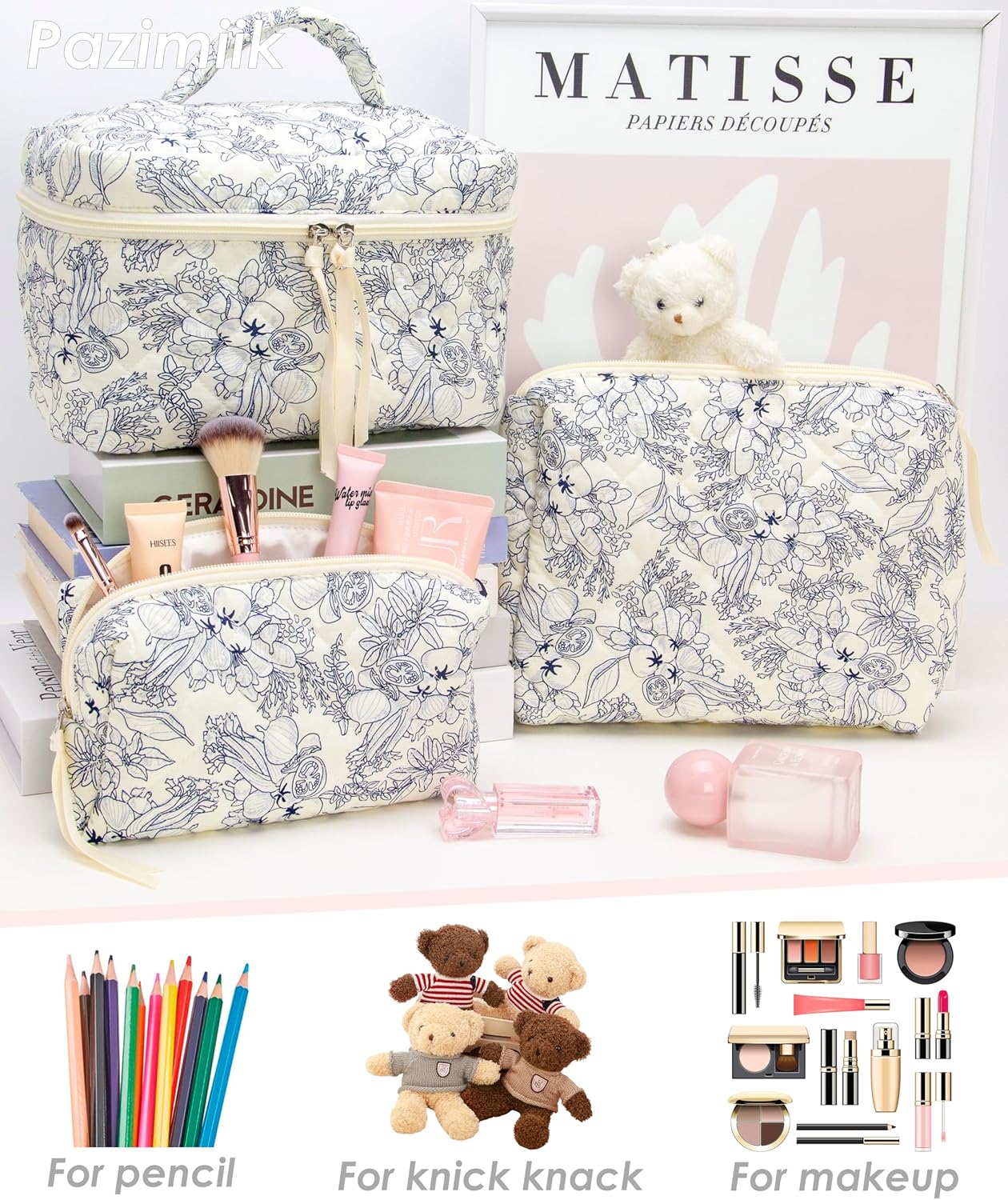 PAZIMIIK 3PCS Makeup Bag SET Large Travel Quilted Zipper Soft Cosmetic Case Pouch for Women Girls Make Up,Flower White