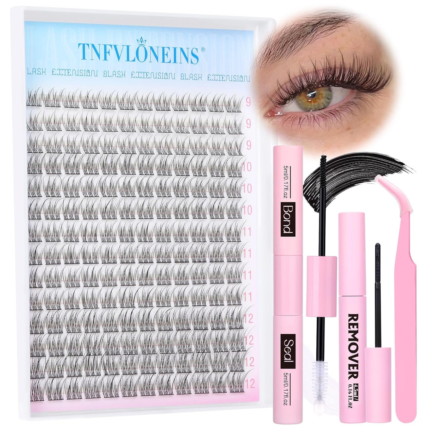 Natural Lash Extension Kit Wispy Lash Clusters Kit 168Pcs Eyelash Extension Kit 9-12MM Eyelash Clusters Lashes Individual Kit with Remover for Lash Extension, Bond and Seal and Tweezers by TNFVLONEINS