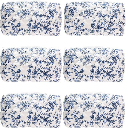 PAZIMIIK 6PCS Vintage Quilted Makeup Bag SET Cosmetic Pouch for Brushes Pencils and Travel Make Up Accessories for Women and Girls Jouy Blue
