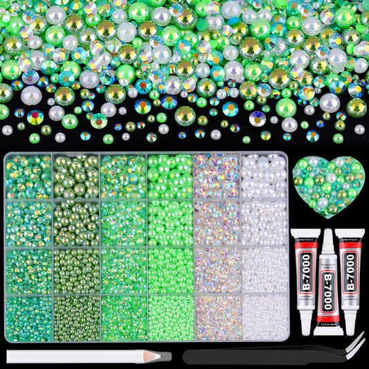 9000Pcs Flatback Pearls and Rhinestones for Crafting, Green White Mixed Size 3-8mm Resin Rhinestones and Half Pearls for Bedazzling, Nail Art and Decoration with 3pcs B7000 Jewelry Glue