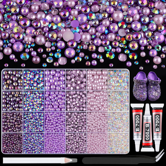 9000Pcs Flatback Pearls and Rhinestones for Crafting, Purple Series Mixed Size 3-8mm Resin Rhinestones and Half Pearls for Bedazzling, Nail Art and Decoration with 3pcs B7000 Jewelry Glue