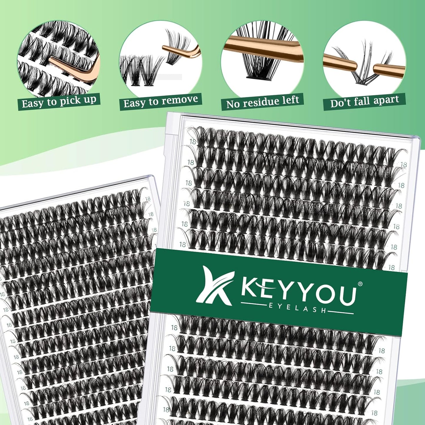 Lash Clusters 300pcs Individual Lashes 50D 0.07D Curl 18mm DIY Eyelash Extension KEYYOU Large Tray Volume Soft&Natural Cluster Lashes(50D-0.07D,18）