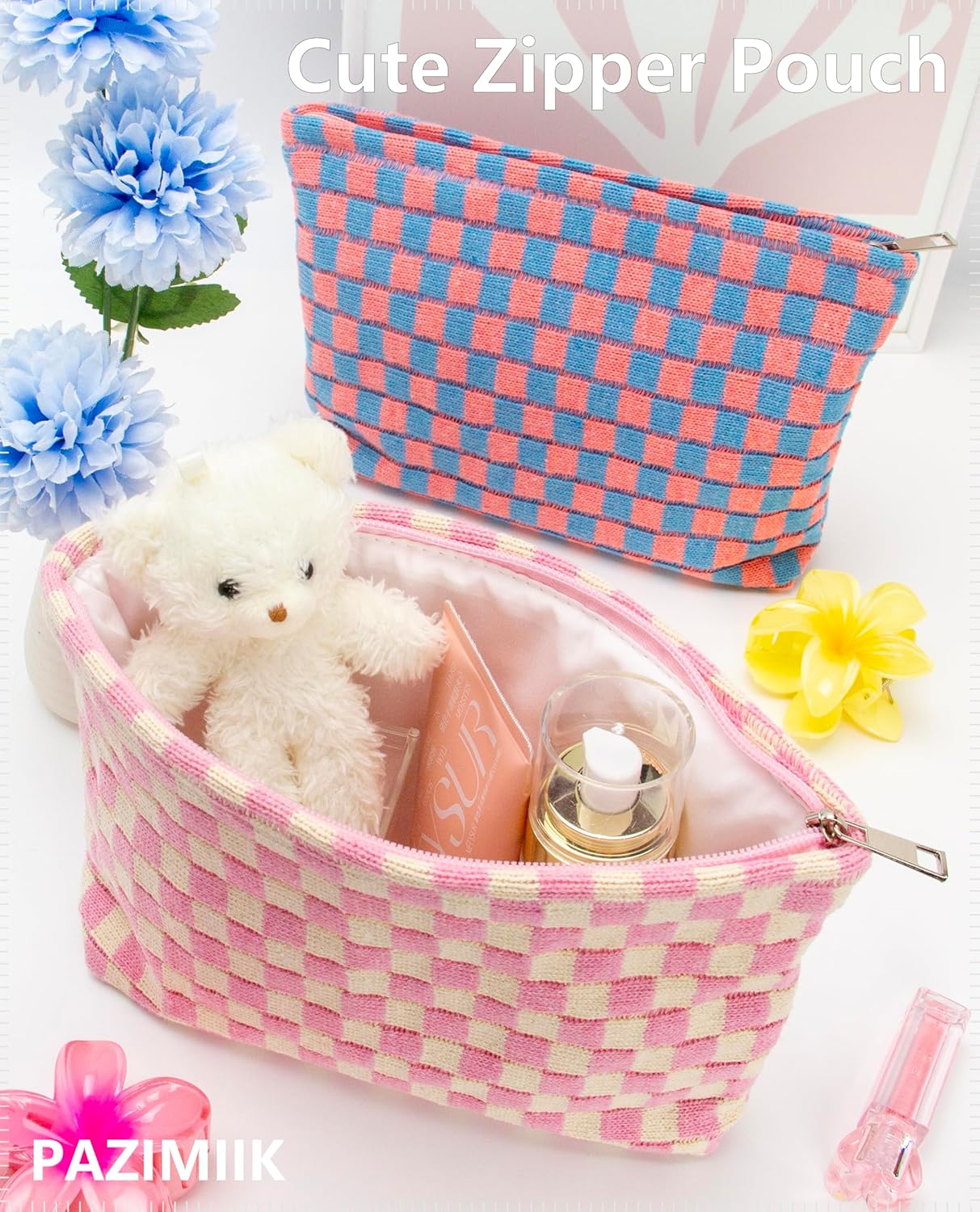 Knitted Checkered Makeup Bag Large Zipper Make Up Accessory Pouch for Purse Cosmetic Brush Bag for Travel Essential Pink Beige