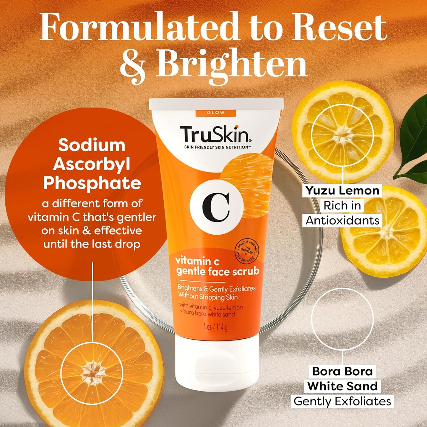 TruSkin Vitamin C Gentle Face Scrub - Brightening Daily Face Exfoliator for All Skin Types - Softens & Smooths Skin with Vitamin C, Yuzu Lemon, and Exfoliating Bora Bora White Sand - 4 Fl. Oz