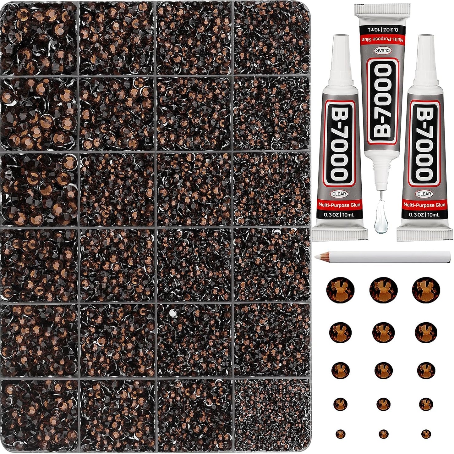 30000Pcs Resin Rhinestones Set for Crafting Bedazzling, Brown Flatback Gems Jewels for Crafts Clothes Shoes Fabric Outfit Nails Makeup, Flat Back Crystal 2-6mm with b 7000 Glue