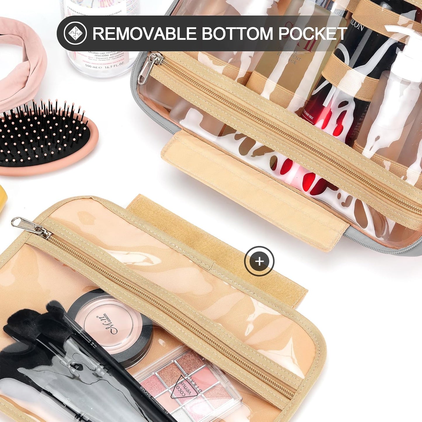 Travel Hanging Toiletry Bag for Women, with Jewelry Organizer Compartment, Medium Waterproof Hanging Makeup Accessories, Cosmetic Essentials, Toiletries Dopp Kit Set with Trolley Belt, Grey