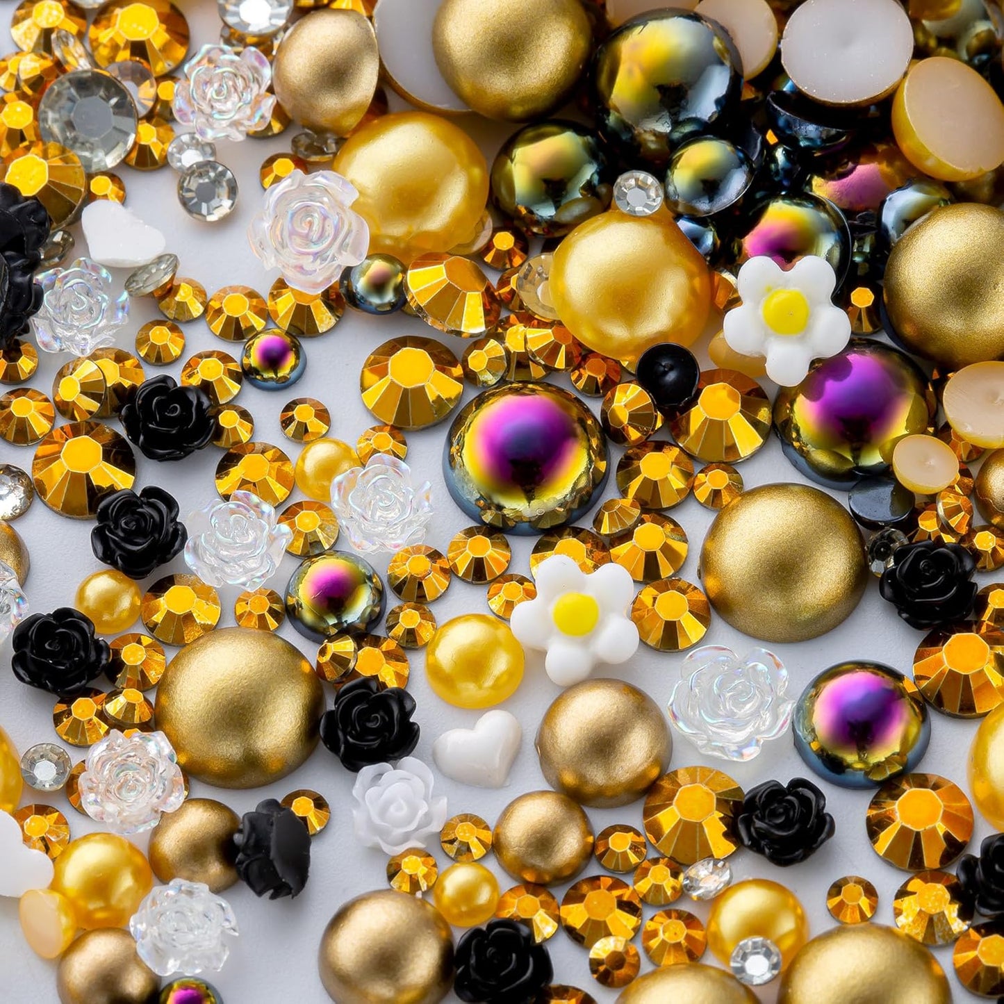 160g Gold Flat Back Pearls Rhinestones for Crafts Mixed Size 3mm-10mm AB Color Round Half Pearls Flatback Pearl Beads and Resin Rhinestones Set for Face Art