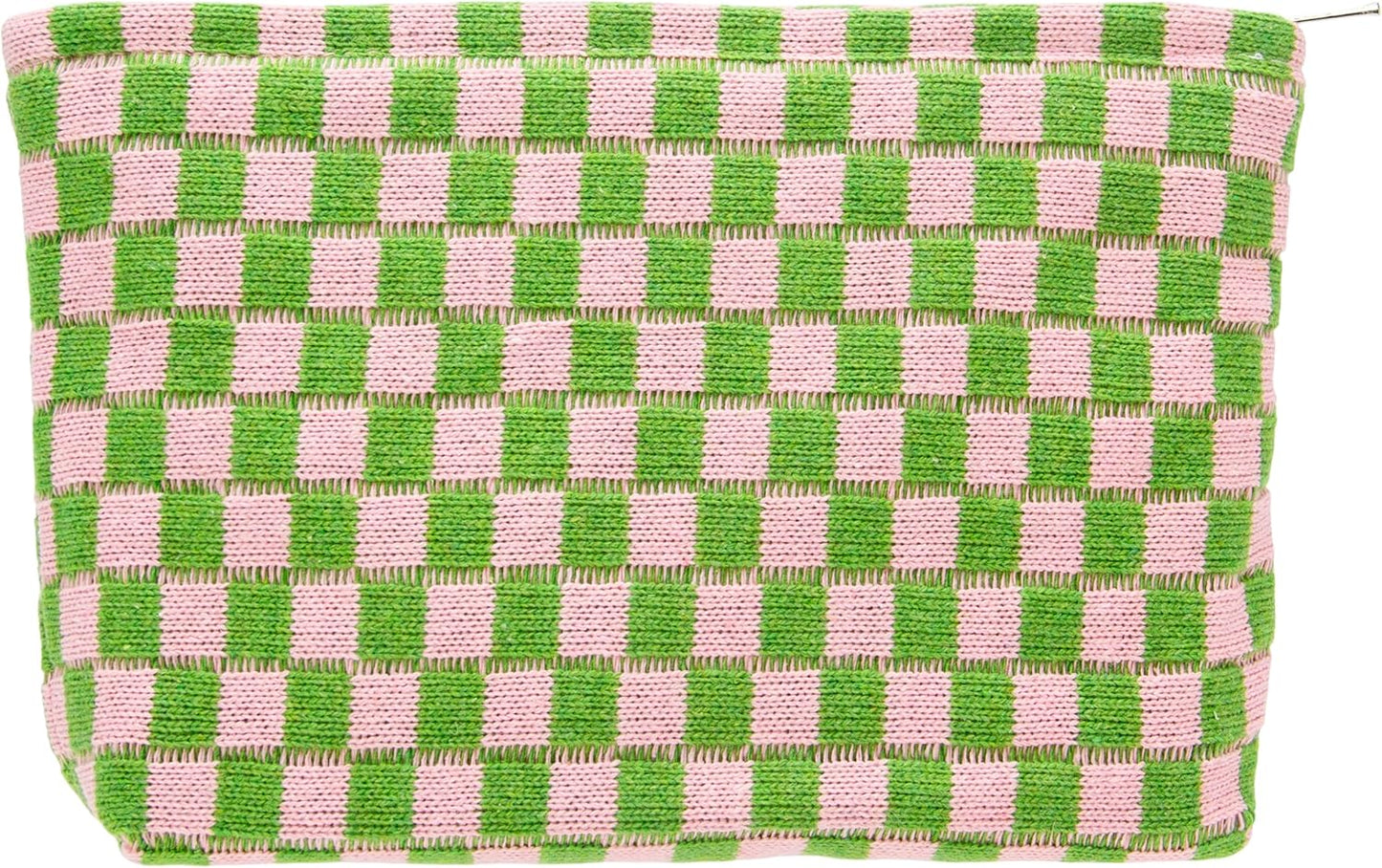 PAZIMIIK Knitted Checkered Makeup Bag Large Zipper Make Up Accessory Pouch for Purse Cosmetic Brush Bag for Travel Essential Pink Green