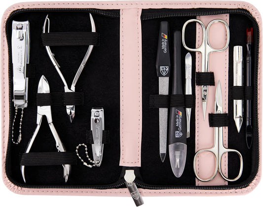 3 Swords Germany - brand quality 10 piece manicure pedicure grooming kit set for nail care scissors clipper pink synthetic leather case - Made by 3 Swords