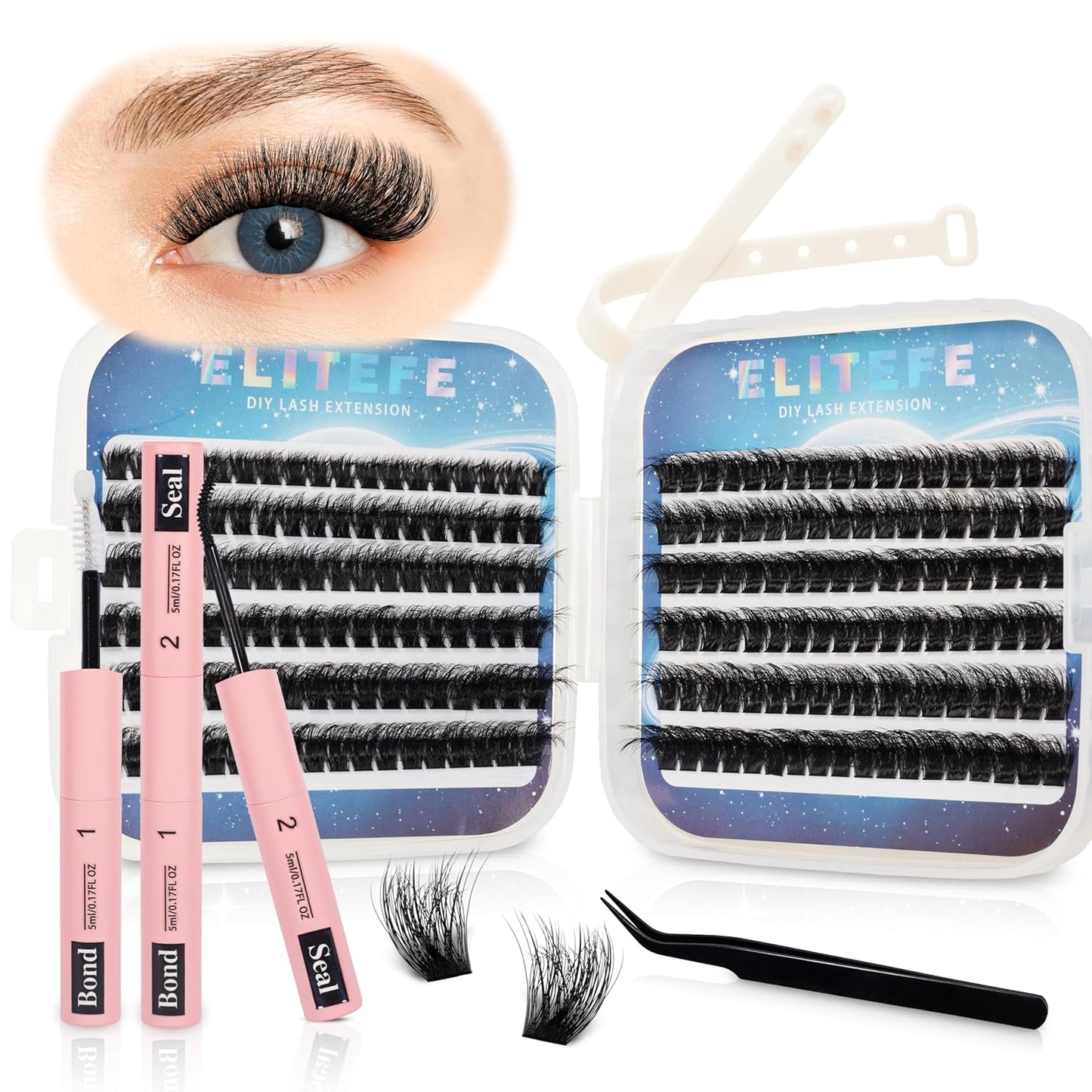 Lash Extension Kit DIY Lash Clusters Kit Eyelash Extensions Individual Lashes Extensions with (Lash Bond,Seal,Tweezers,240Pcs100D,0.07D,10-18mm)