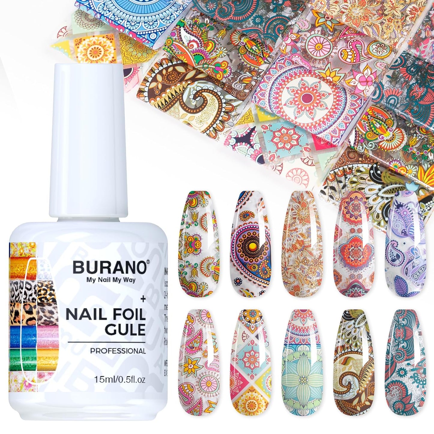 BURANO Nail Art Nail Foil Glue Gel, o.5 oz with 10PCS Foil Stickers Set Nail Foil Glue for Nails Foil Transfer Gel, Nail Design DIY UV LED Lamp Required (Popular Foil 12)