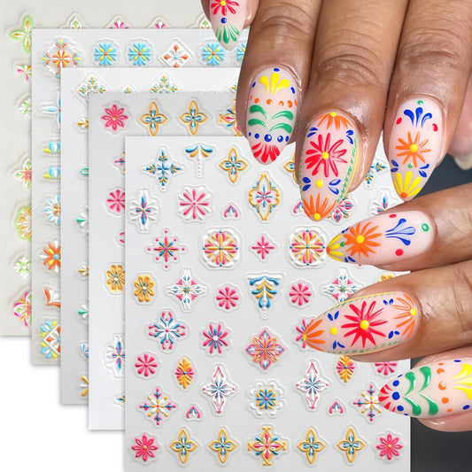 5 Sheets Bohemian Style Nail Decals Embossed Flower Star Nail Art Stickers 5D Self-Adhesive Metallic Lace Lines Bohemia Carving Floral Nail Designs Star Flower Nails Decoration for Women Nail Supplies