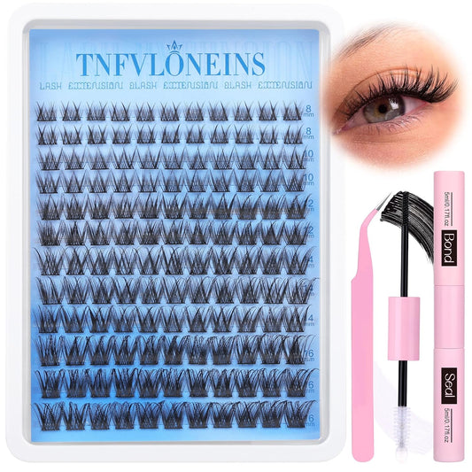 Natural Lash Clusters Kit Wispy Lash Extension Kit C Curl Eyelash Extension Kit Individual Lashes Cluster Eyelash Extensions Kit 8-16MM Eyelash Clusters with Bond and Seal and Tweezers by TNFVLONEINS