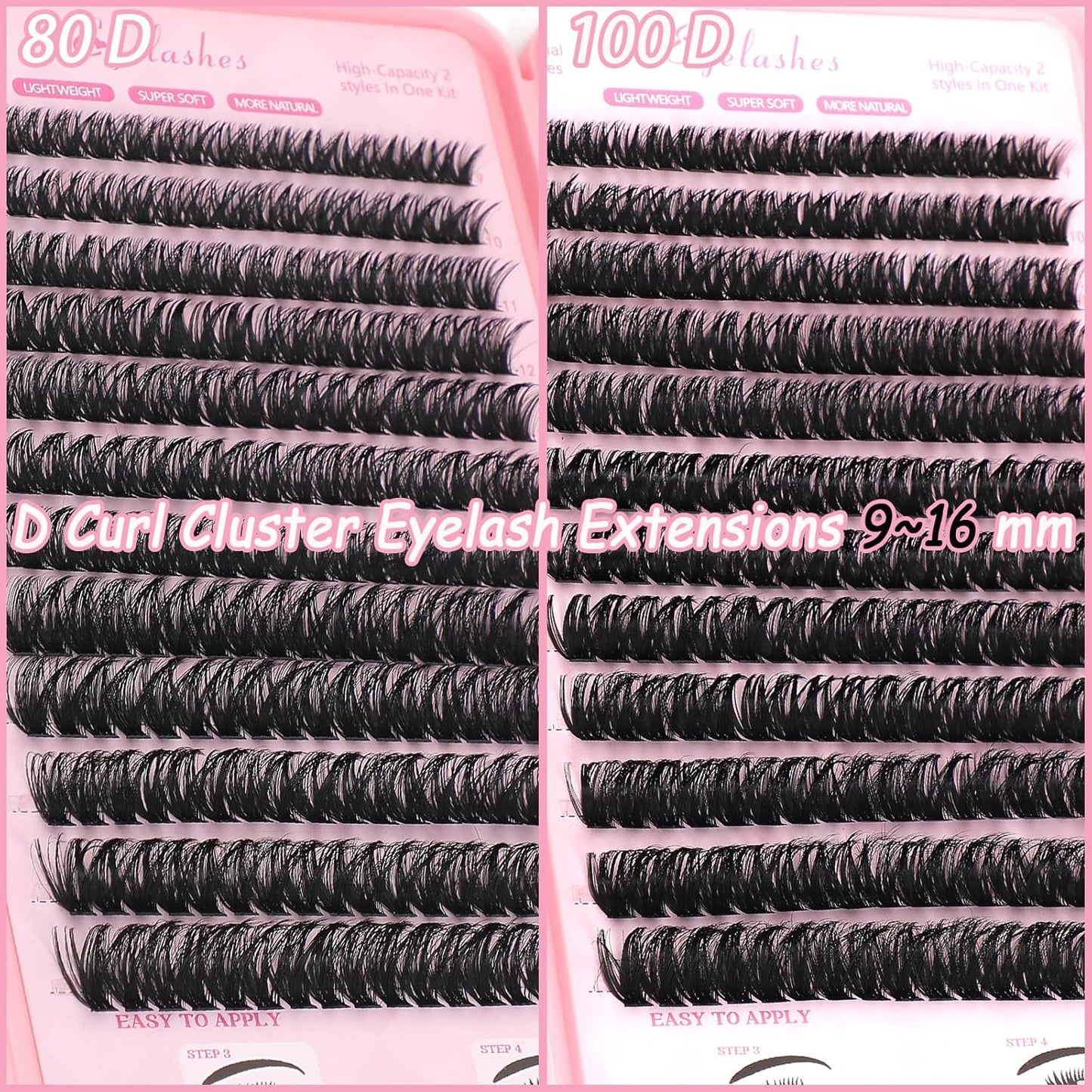 Lash Clusters Kit, Eyelash Clusters Individual Lash Extension Kit 480 Pcs D Curl Fluffy Wispy False Eyelashes Extensions Thin Band with Bond Seal Tweezers Brush Remover (80D+100D Kit 9-16mm)