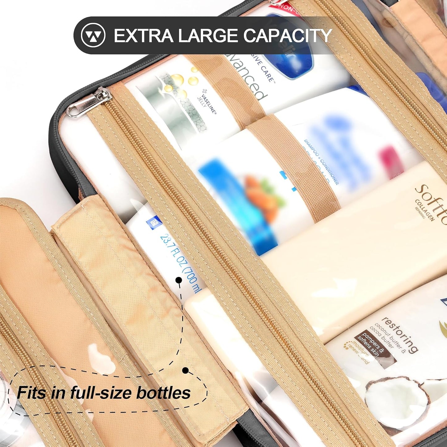 Travel Hanging Toiletry Bag for Women, Large Makeup Bag 8 Leak Proofing Silicone Bottle Covers, Waterproof Cosmetic Bag with Jewelry Organizer Compartment, Toiletries Kit Set, Black