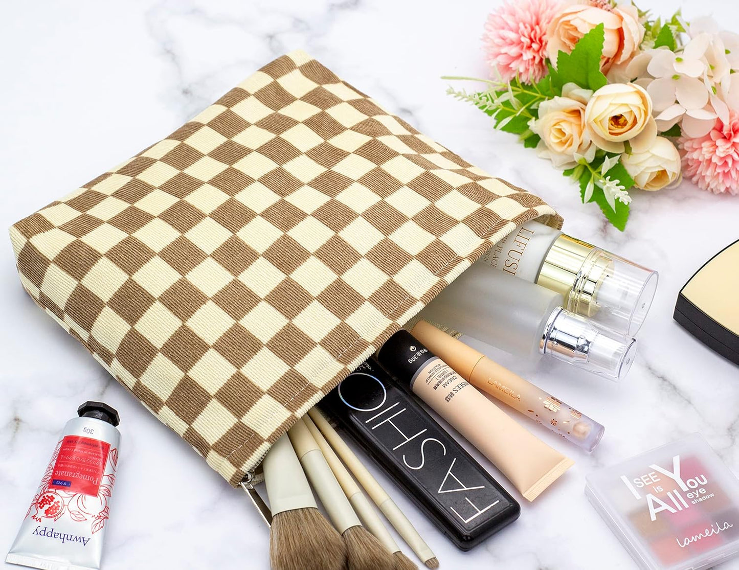 PAZIMIIK Makeup Bag Large Zipper Corduroy Make Up Pouch for Purse Travel Canvas Cosmetic Organizer for Women Brush Storage,Checkered Light Brown