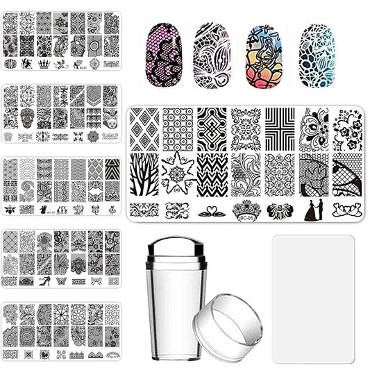 AddFavor Nail Stamper Kit 6pcs Flower Lace Vine Nail Art Stamping Plate Template with Silicone Nail Stamper and Scraper for Women Girls DIY Fingernail Manicure Stencils Tools