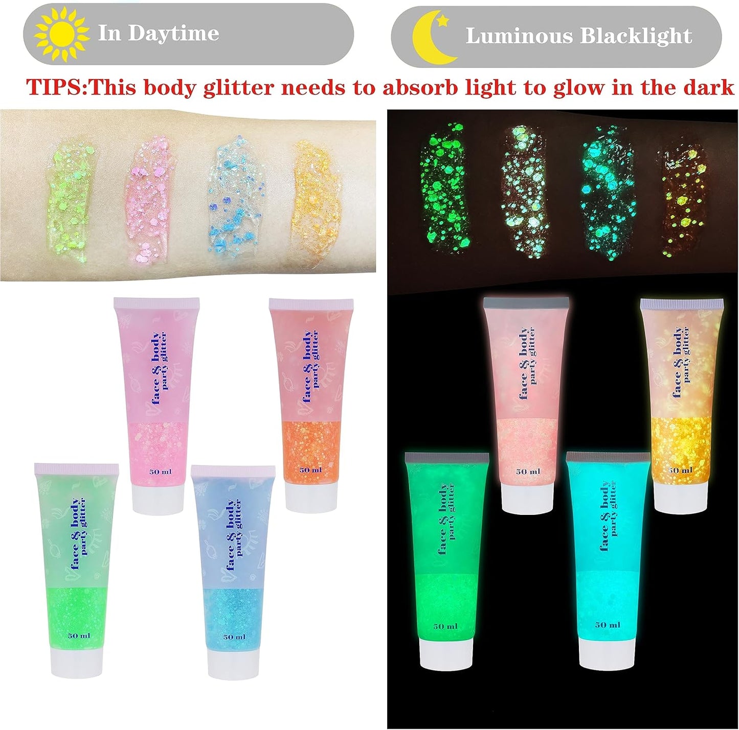 MEICOLY Neon Green Body Glitter Gel,UV Blacklight Chunky Face Glitter Gel,Glow in The Dark Glitter Paint,Singer Concert Music Festival Party Rave Accessories,Halloween Glitter Makeup for Women,50ml