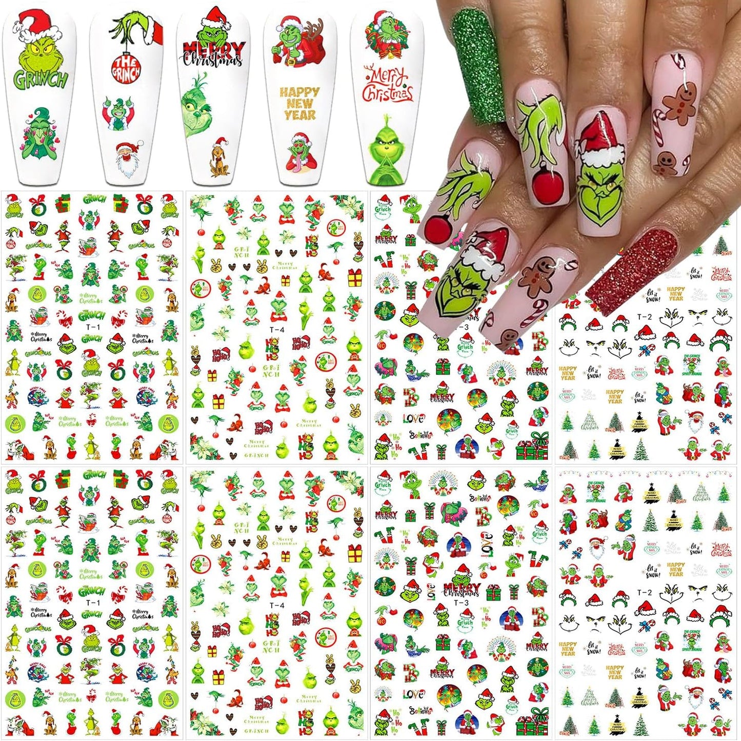 8 Sheets Christmas Nail Art Stickers - 3D Christmas Nail Decals with Xmas Tree, Santa Claus Designs - Holiday, Winter Nail Stickers for Women, Girls & Kids