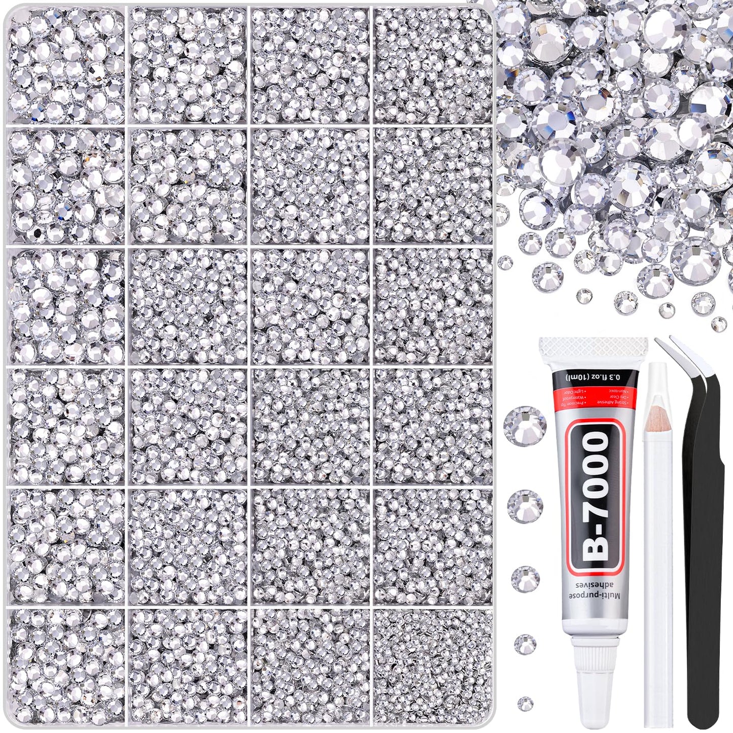 30000Pcs Clear Rhinestones for Bedazzling with B7000 Jewelry Glue, Bedazzler Kit Flatback Gems, Resin Rhinestones for Crafting Crafts Clothing Shoes Fabric Nail Art Assorted Size 2/3/4/5/6mm